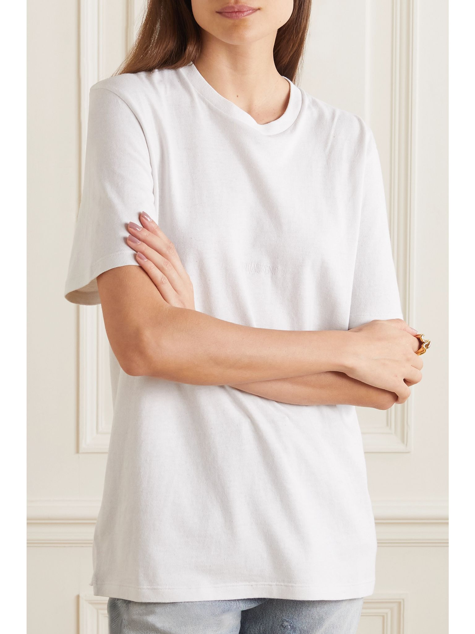 Embroidered cotton T-shirt Ivory - 3