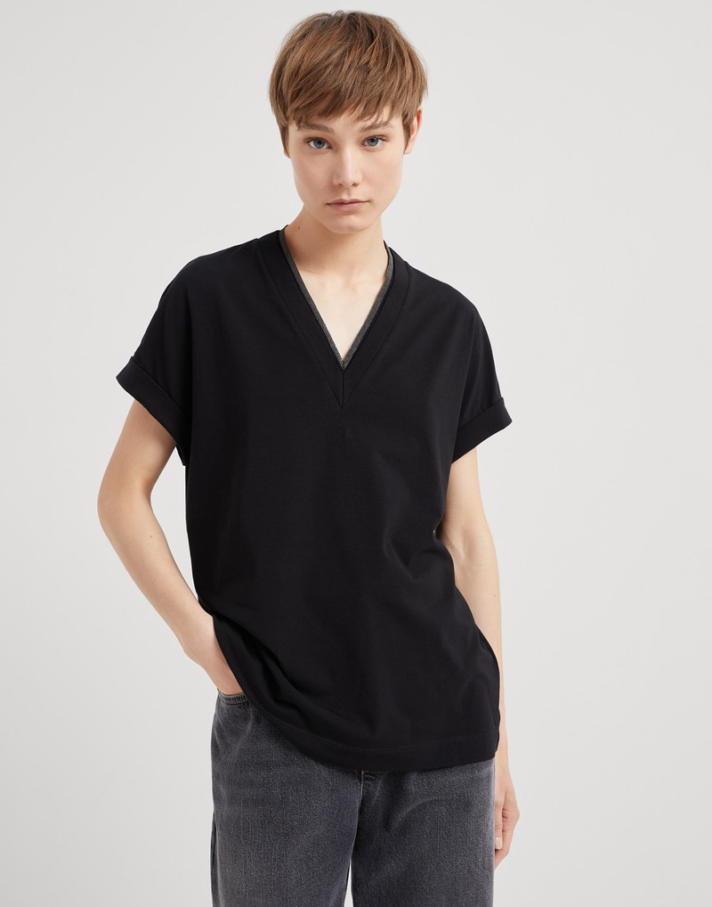 Stretch cotton jersey T-shirt with precious neckline - 1