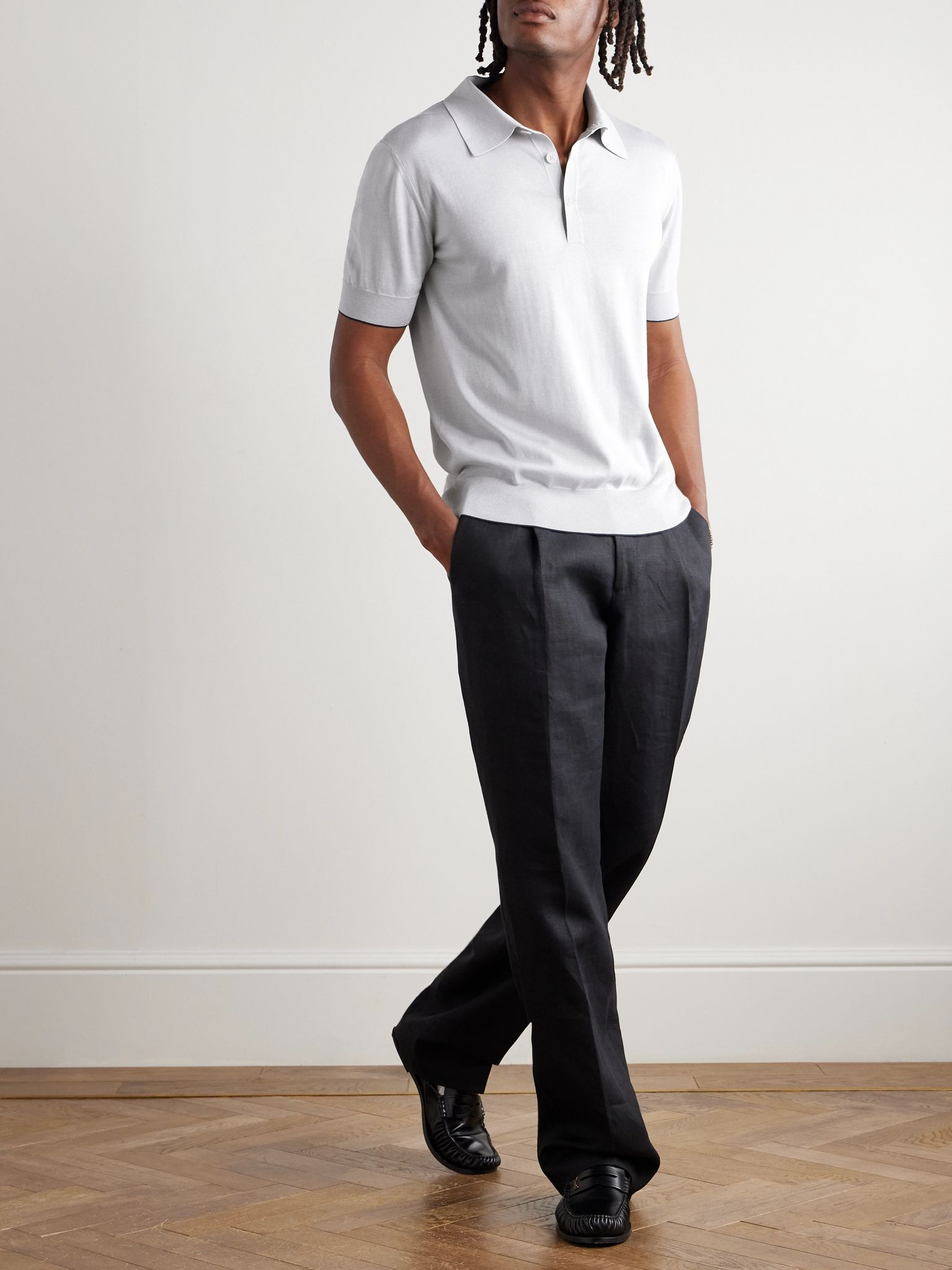Logo-Embroidered Silk-Blend Polo Shirt Light gray - 2