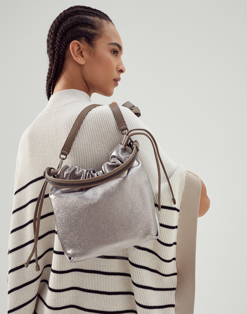 Brunello Cucinelli Lamé leather bucket bag with shiny handle outlook