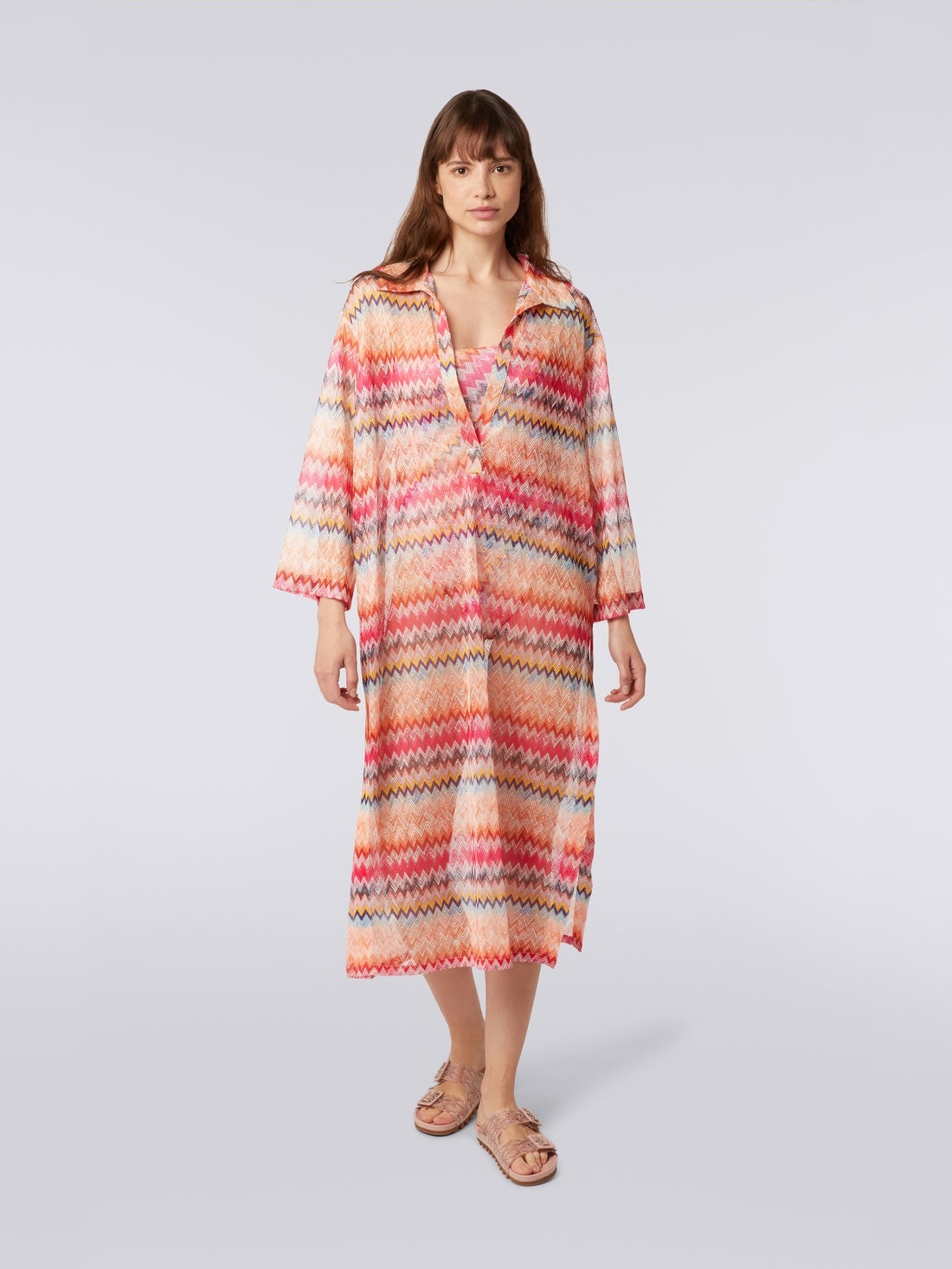 Long-sleeved long chevron viscose tulle cover up - 2