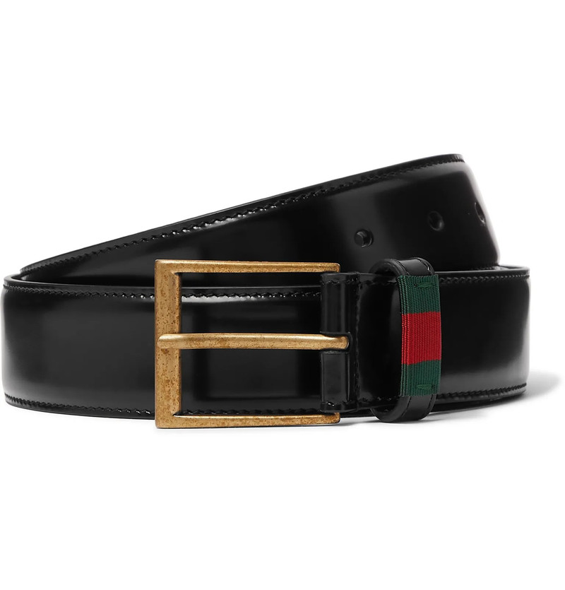 3.5cm Webbing-Trimmed Polished-Leather Belt 1