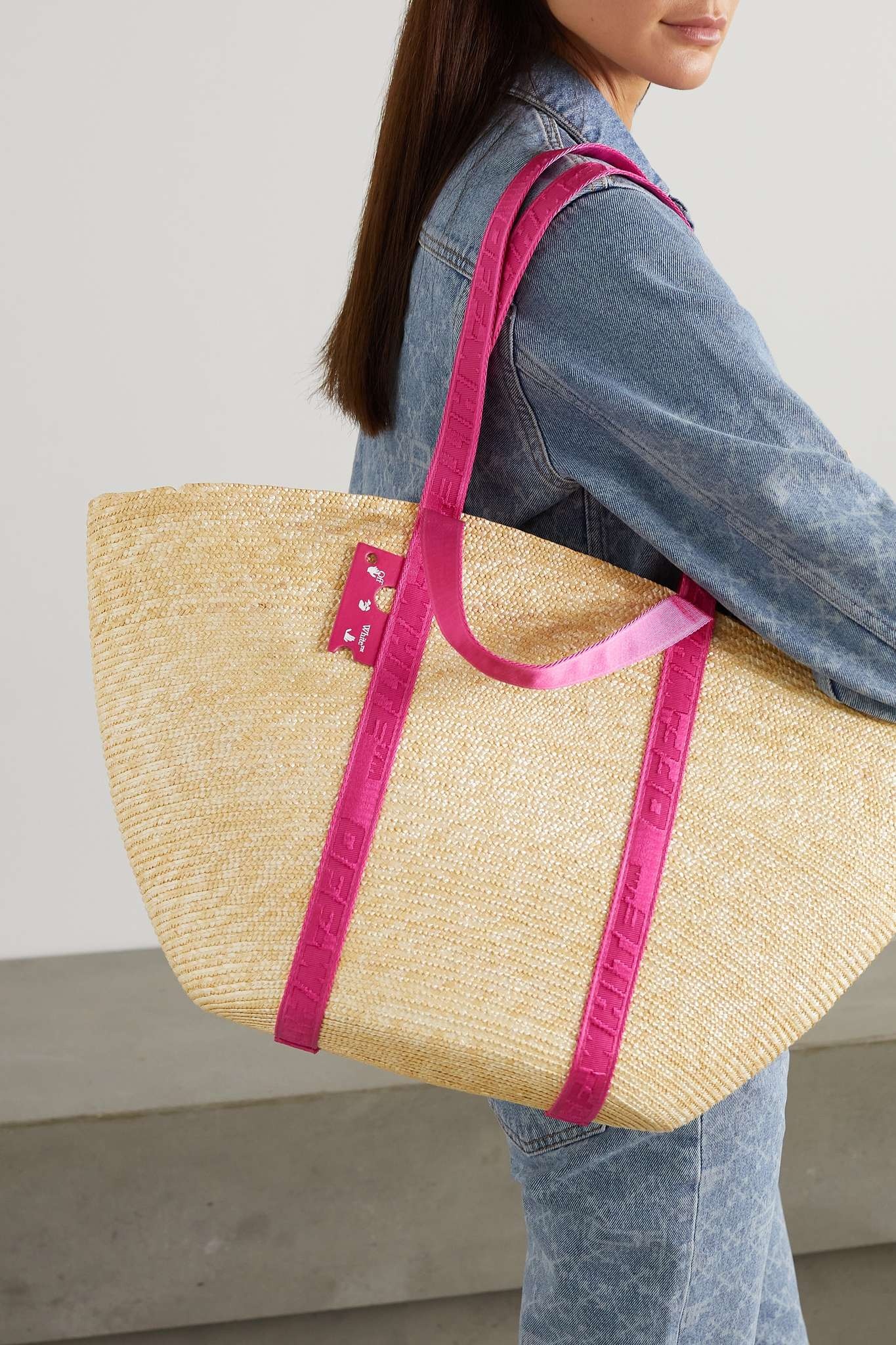 Commercial leather and canvas-jacquard trimmed straw tote - 6