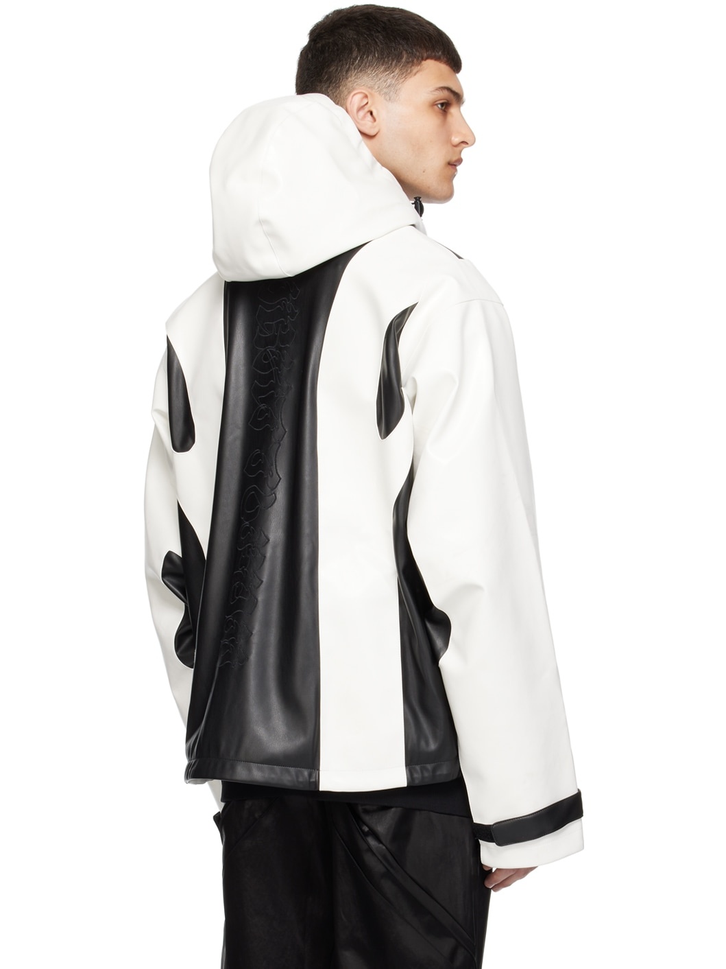 White & Black Paneled Faux-Leather Jacket - 3