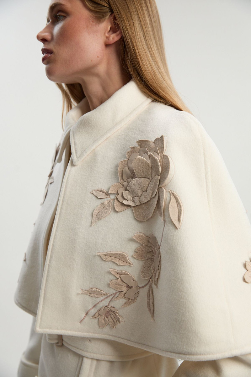Brushed Wool Pu Mix Placed Floral Embroidery Applique Tailored Cape Full Skirted Midi Coat 3