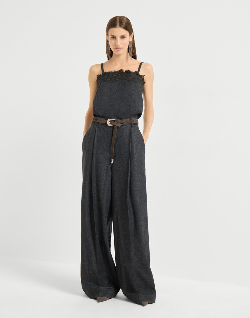 Virgin wool flannel jumpsuit with wispy lace embroidery 1