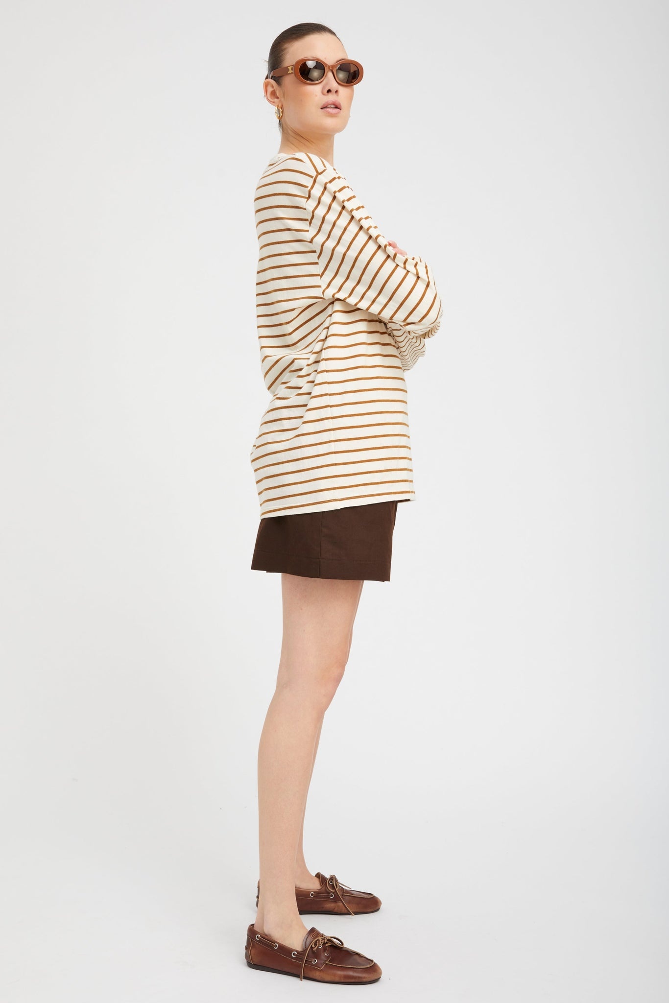 CAMEL STRIPED LONG SLEEVE OVERSIZED TEE - 2