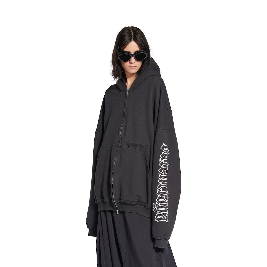 Blackletter Script Pulled Zip-up Hoodie Large Fit in Black Faded - 5