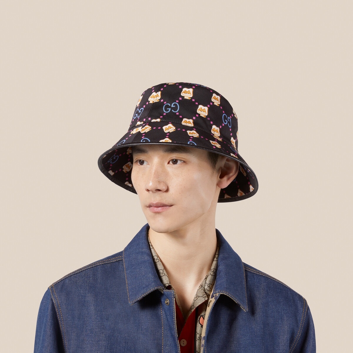 Cotton bucket hat with GG animal print - 4