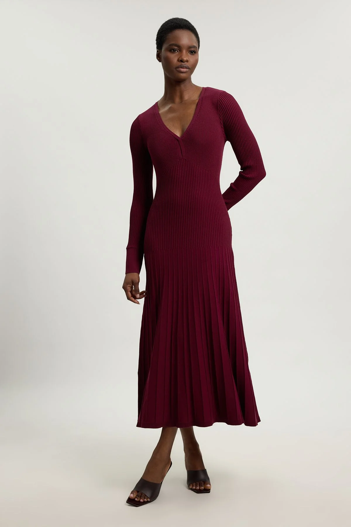 Knit Pointelle Stitch Detail Midi Dress - 1