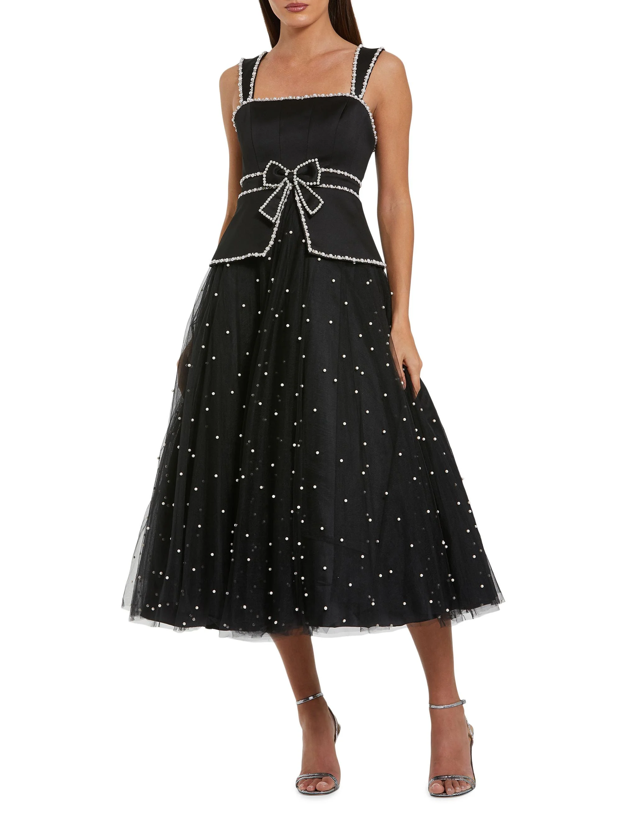 Women's Imitation Pearl-Embellished Tulle Cocktail Dress - Black Ivory - 1