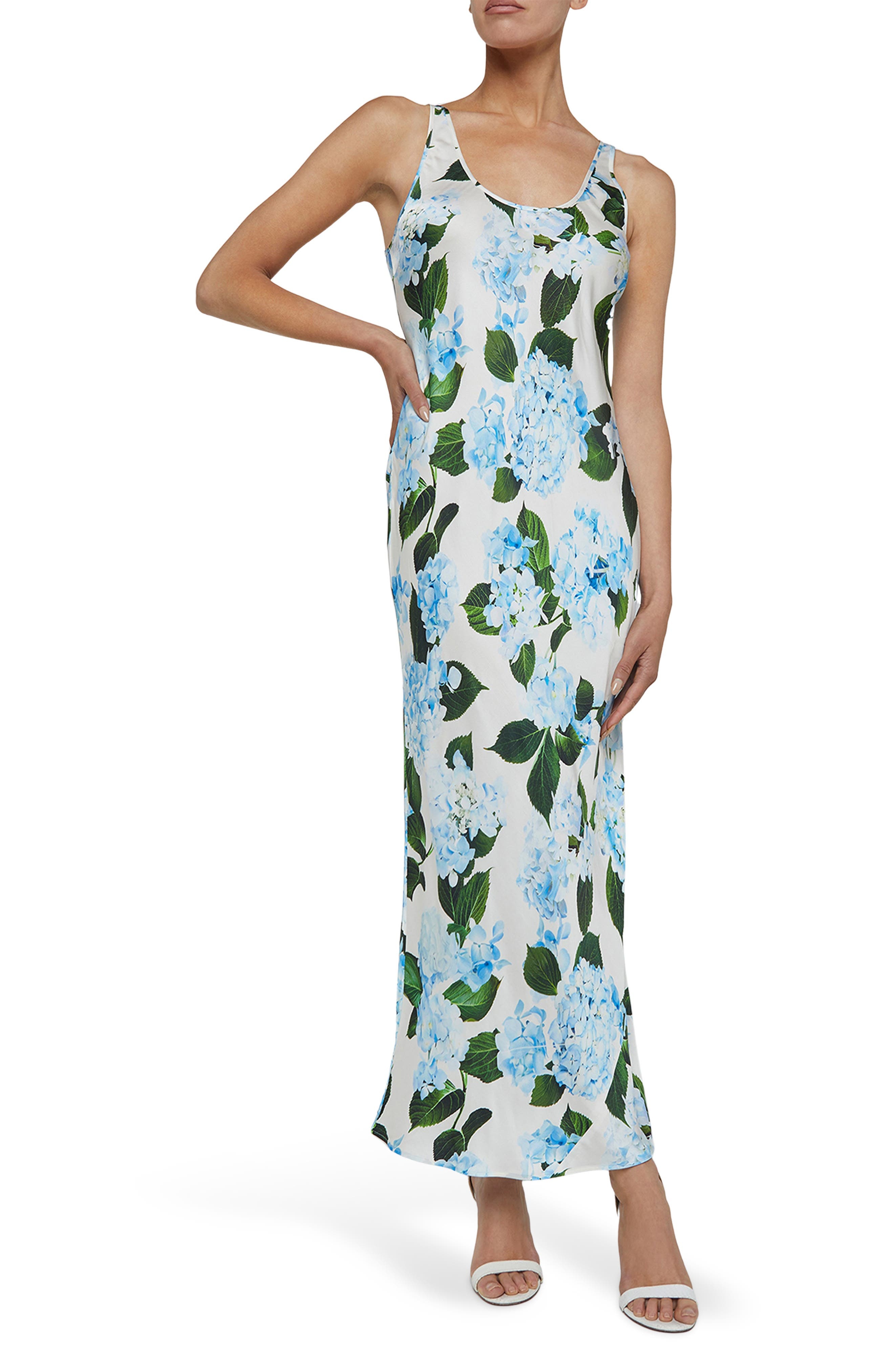 L'AGENCE Akiya Floral Satin Maxi Dress in Ivory/Light Blue Lg Hydrangea at Nordstrom - 1
