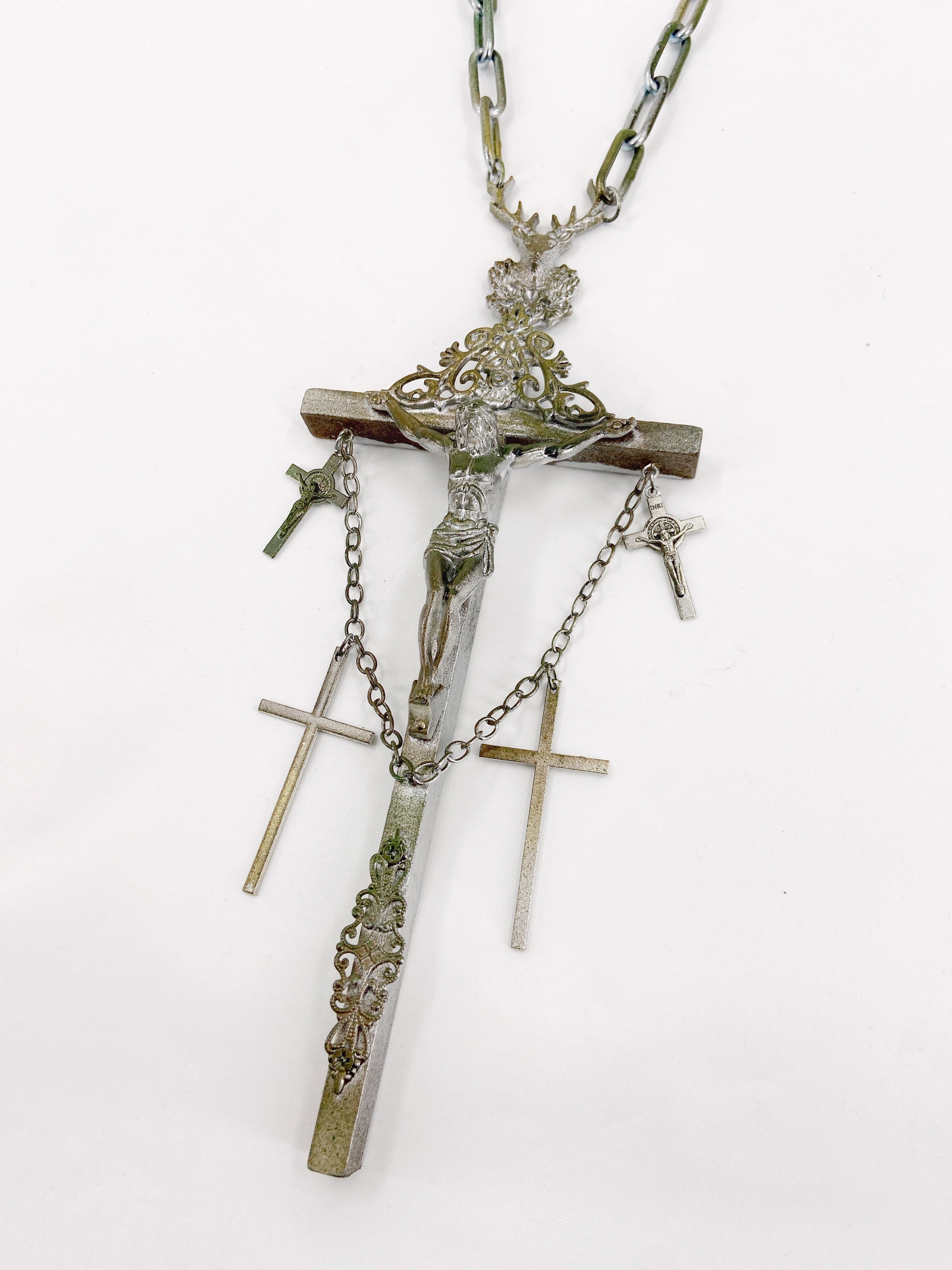 Jean Paul Gaultier 90S Sample 1/1 XXL Silver 5 Crucifix Cross Deer Chain Necklace - 9