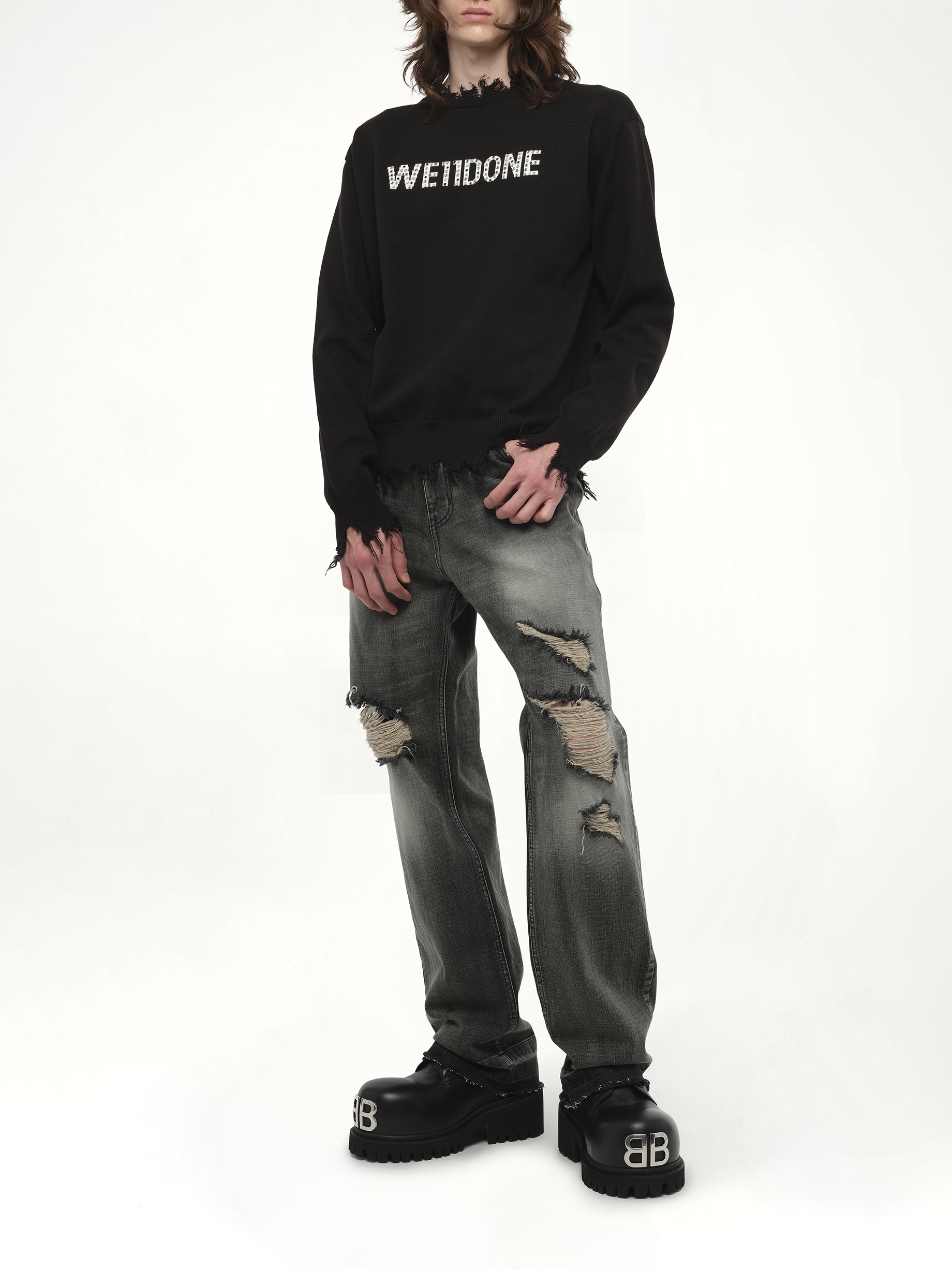 Grunge Rhinestone Logo Sweater in Black - 4