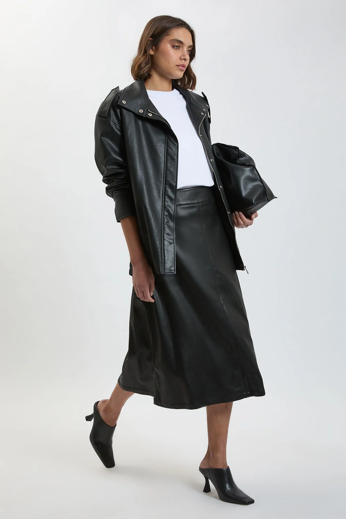 Faux Leather A Line Midi Skirt - 1