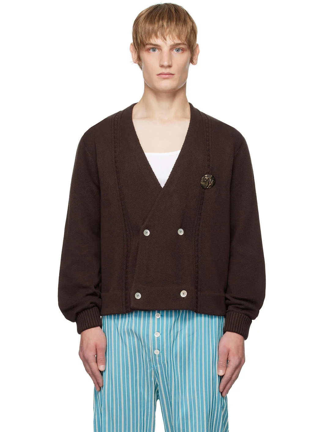 Brown Double-Breasted Cardigan - 1