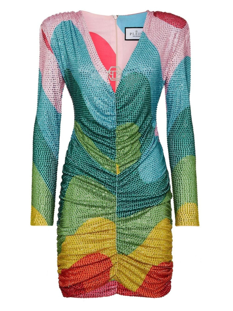 크리스탈 - embellished 무지개 인쇄 minidress 1