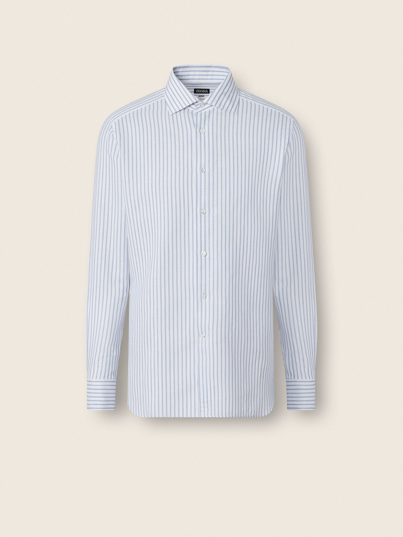 DARK INDIGO BLUE AND WHITE STRIPED COTTON LINEN AND SILK SHIRT 1