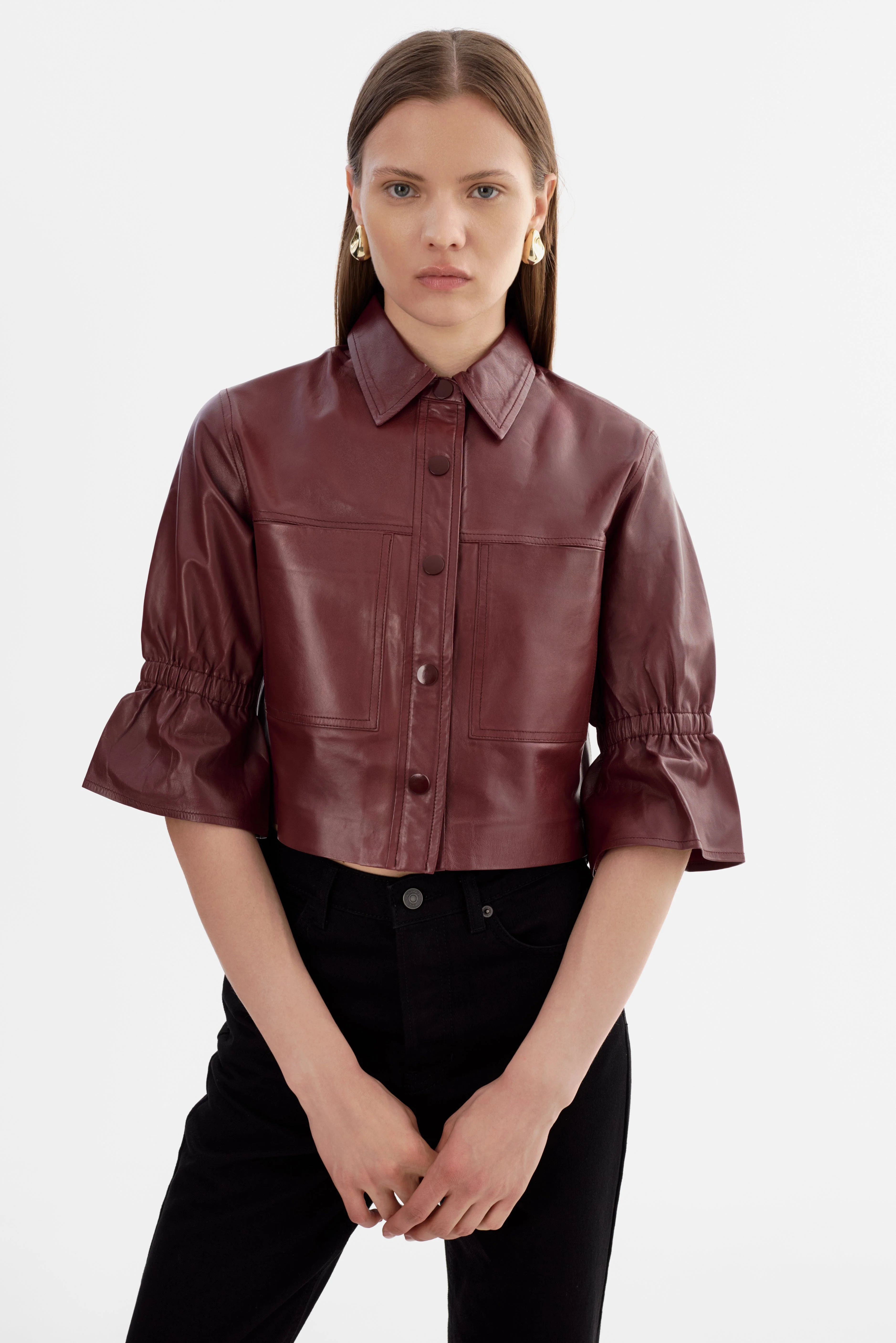 CAROLINA | Ruffle Sleeve Leather Jacket - 1