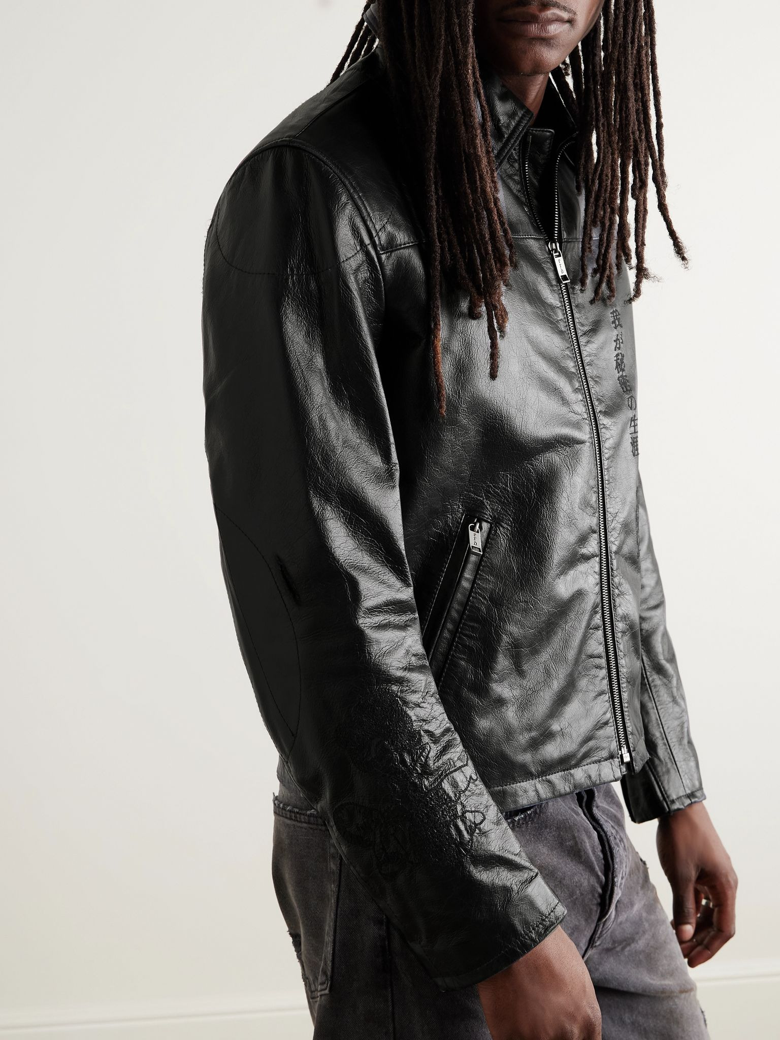 The Bully Distressed Embroidered Tumbled-Leather Jacket Black - 3