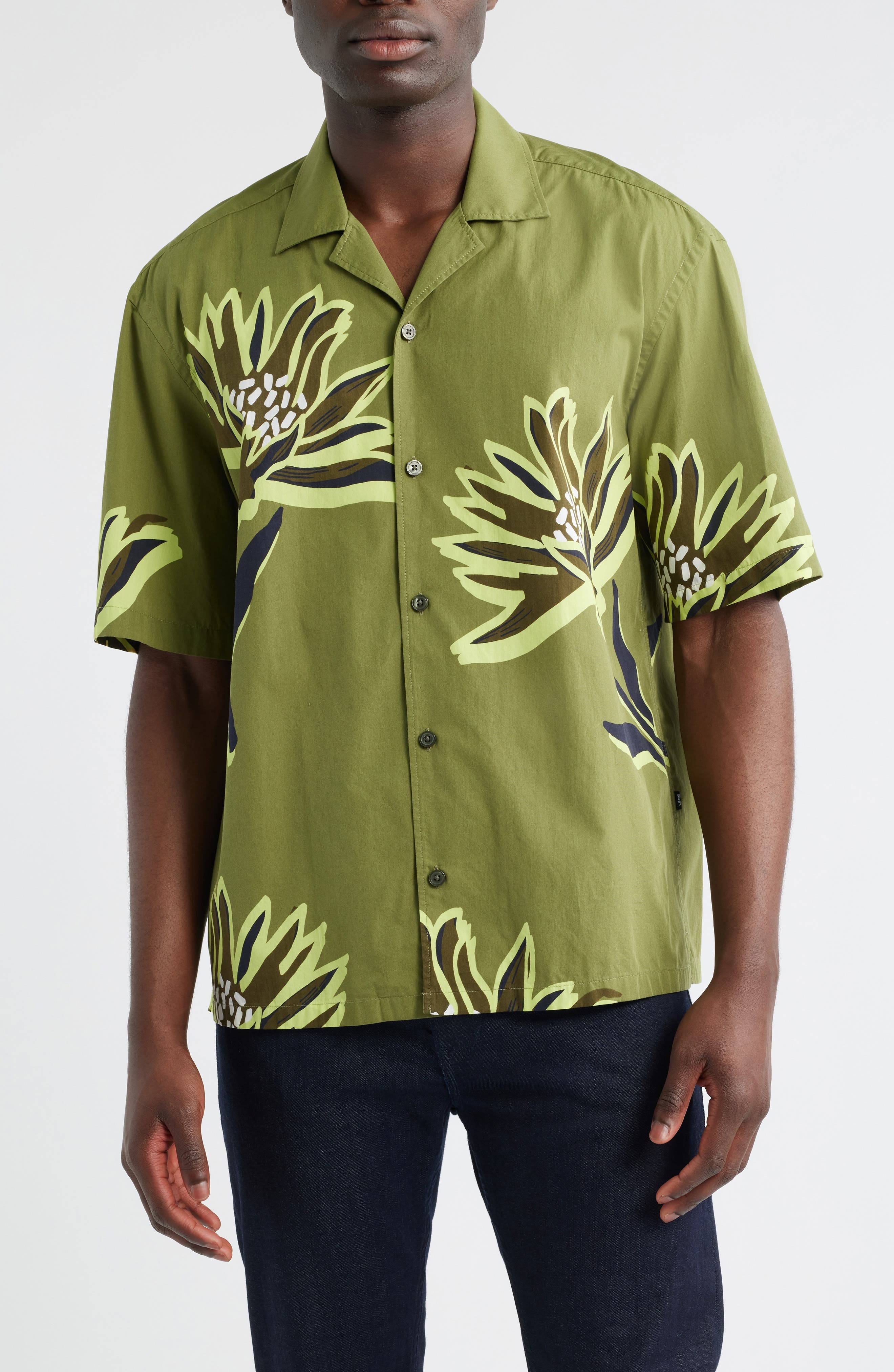BOSS Lars Floral Camp Shirt in Medium Green at Nordstrom - 1
