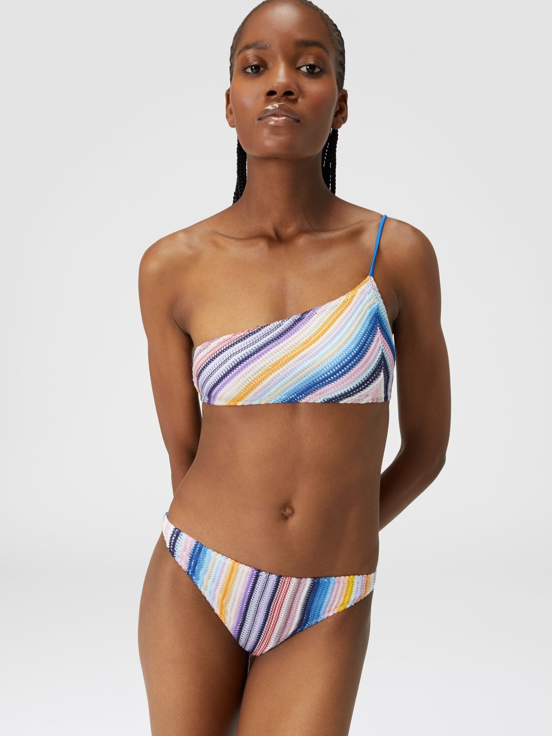 Striped one-shoulder crochet bikini - 4