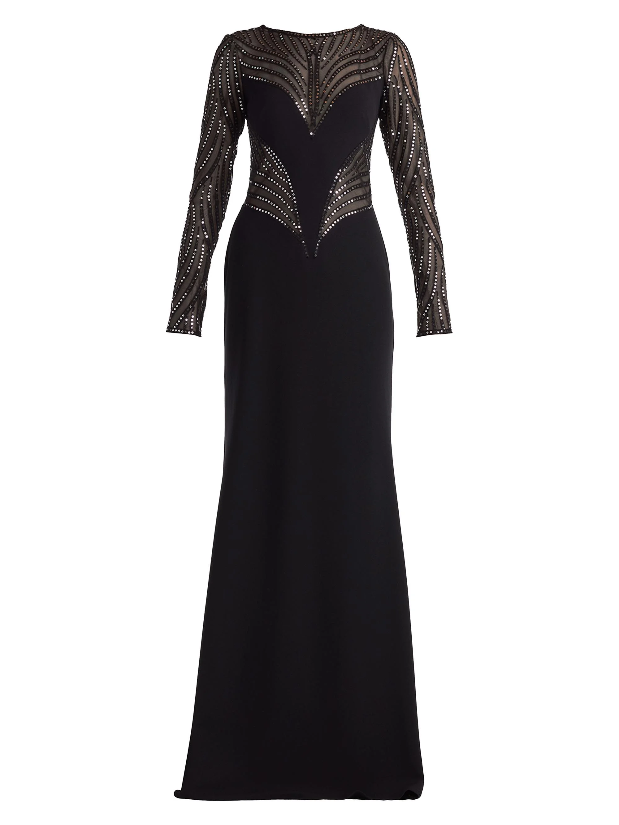 Women's Sequin-Embellished Long-Sleeve Crepe Gown - Black Silver - 1