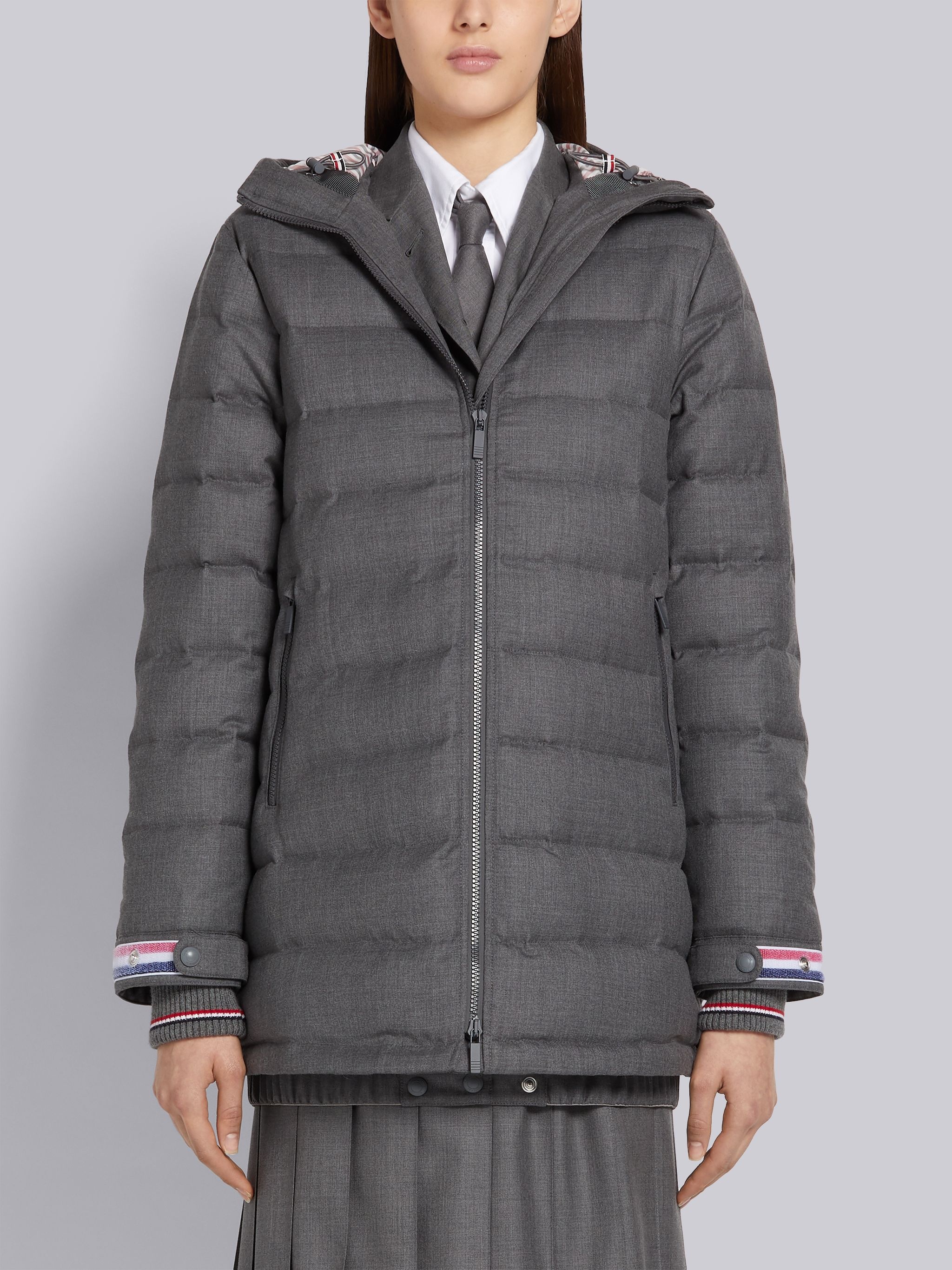 Medium Grey Down Filled Super 120s Twill Funnel Neck Coat - 1