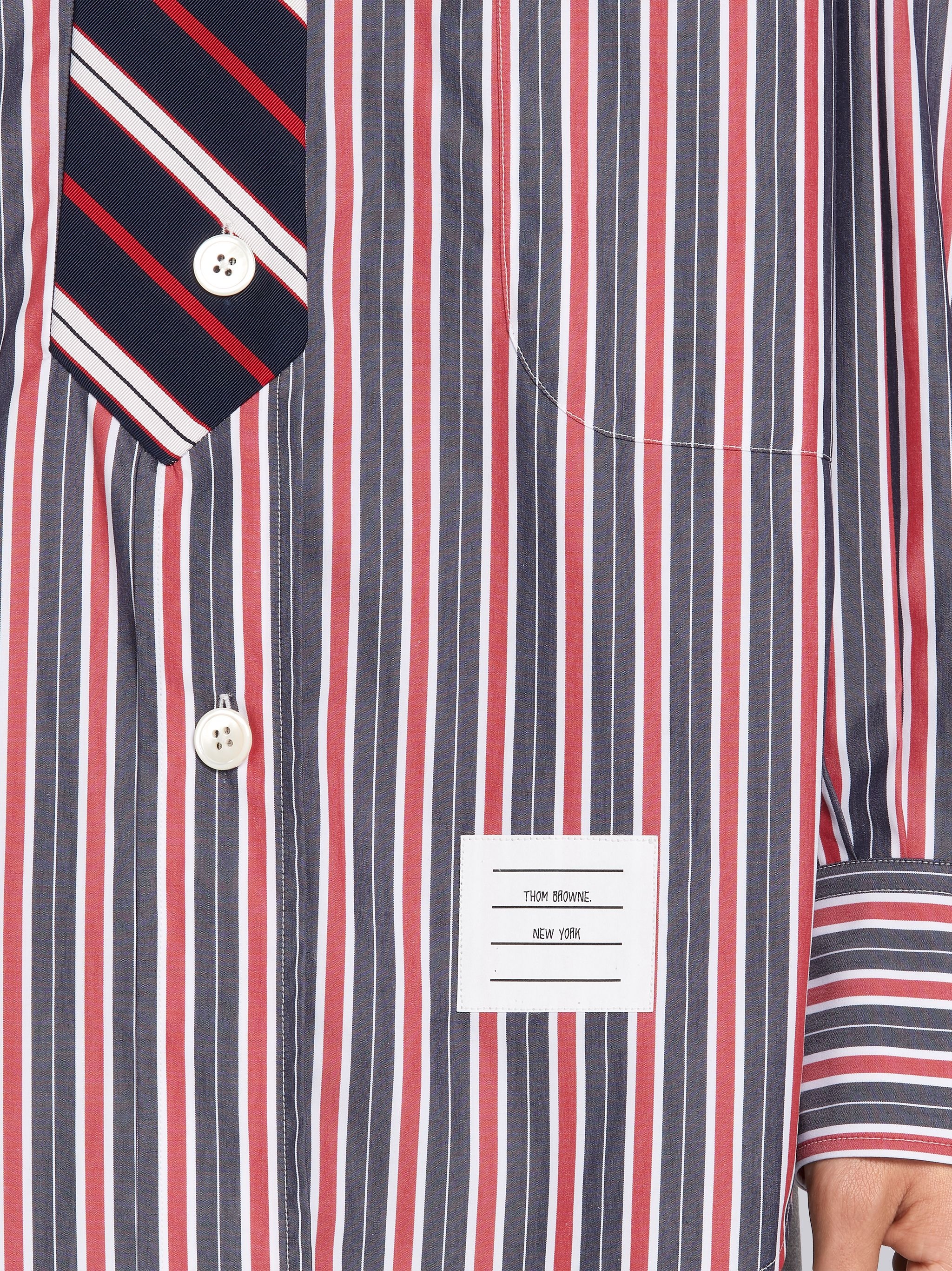 Multi-Color Cotton Poplin Trompe L'oeil Bar Stripe Necktie Supersized Shirt - 6