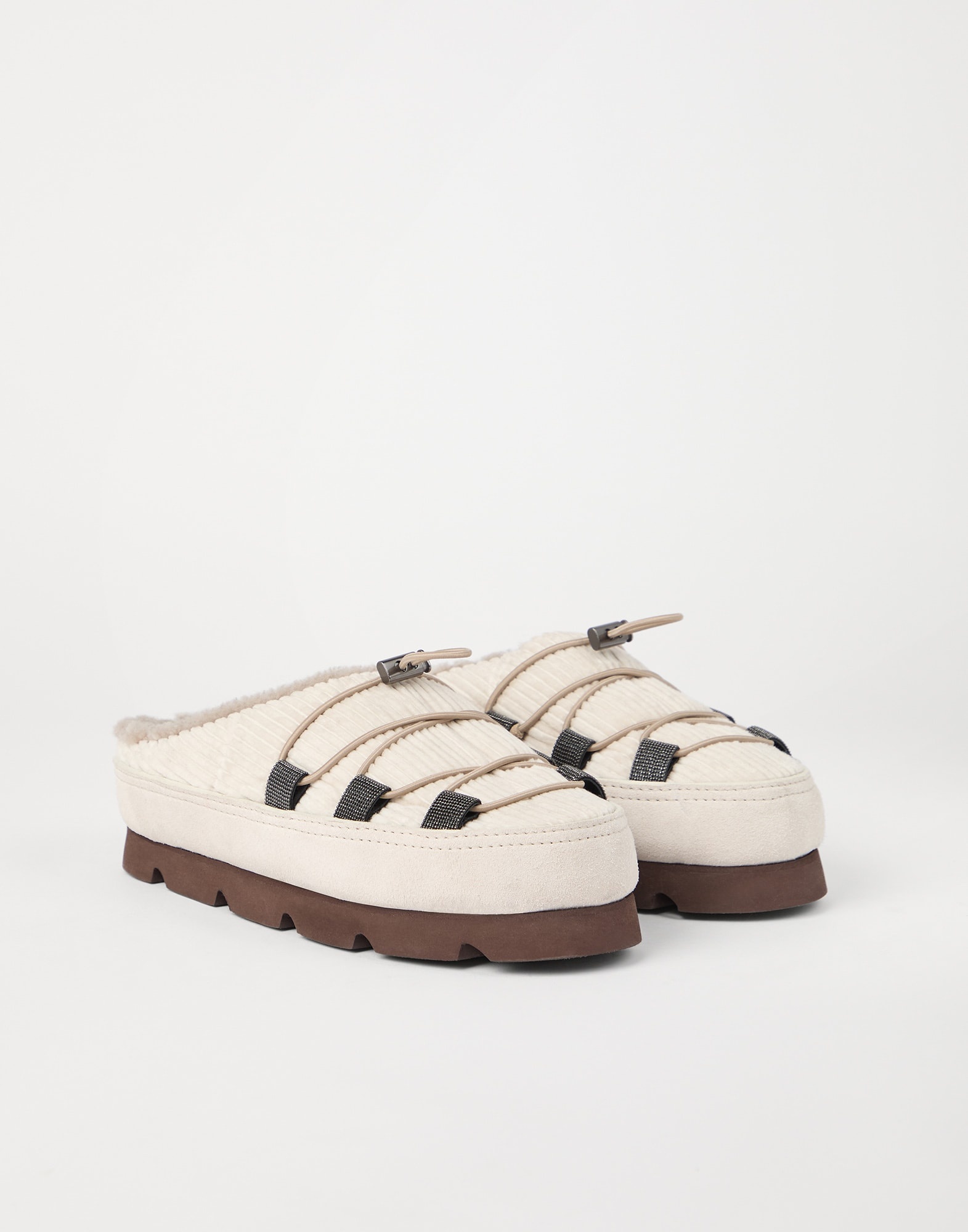 Suede and corduroy mountain slippers with shearling lining and shiny eyelets - 1