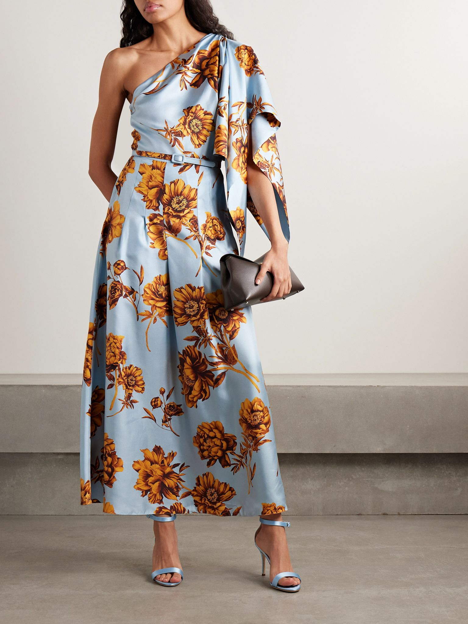 One-shoulder belted draped floral-print silk-twill midi dress Light blue - 2