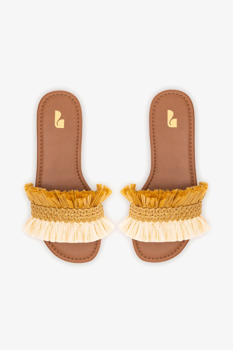 Bahia Fringe Flat In Beige And Peanut Raffia 5