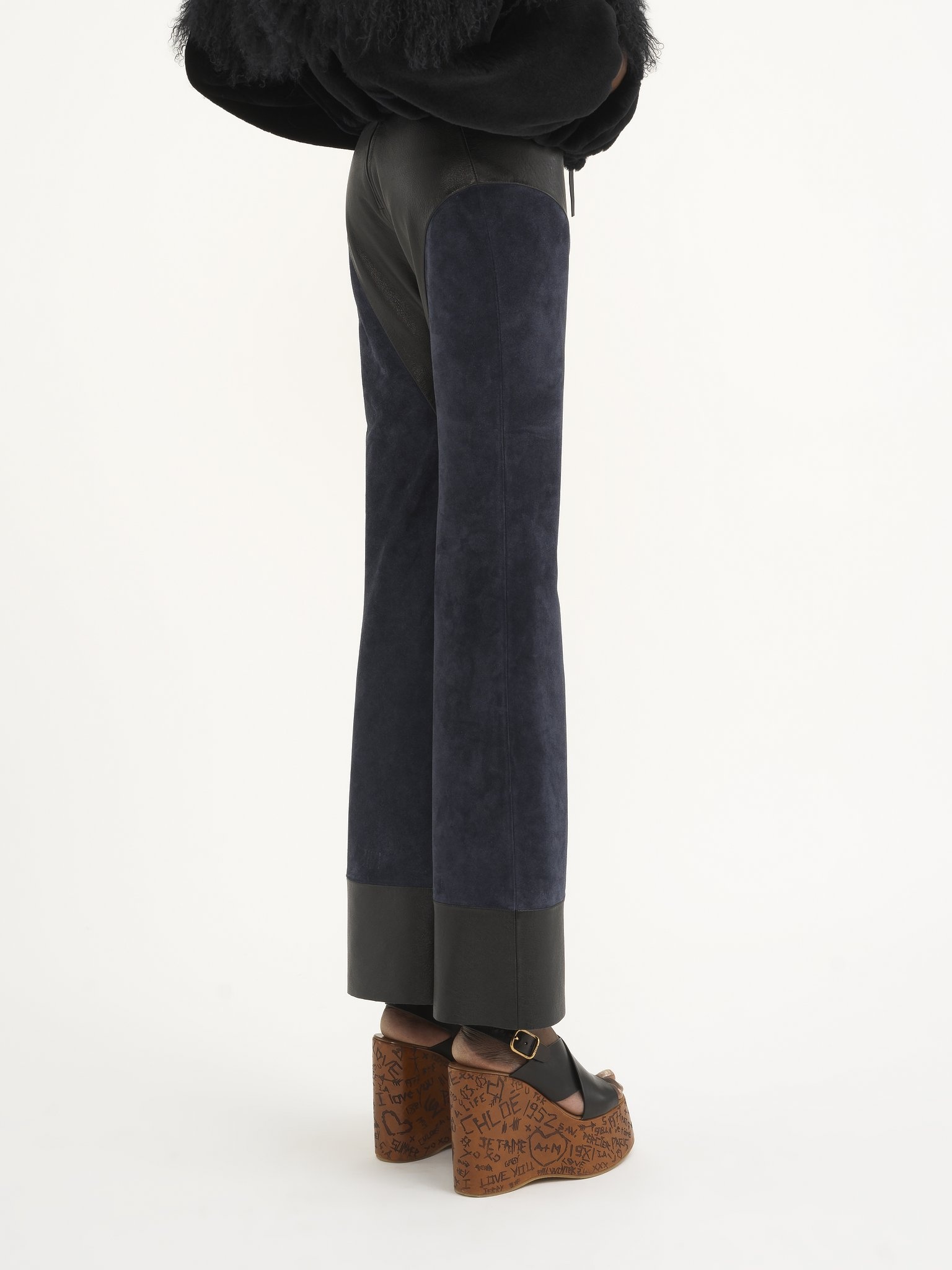 LACE-UP FLARED PATCHWORK PANTS IN LEATHER - 6