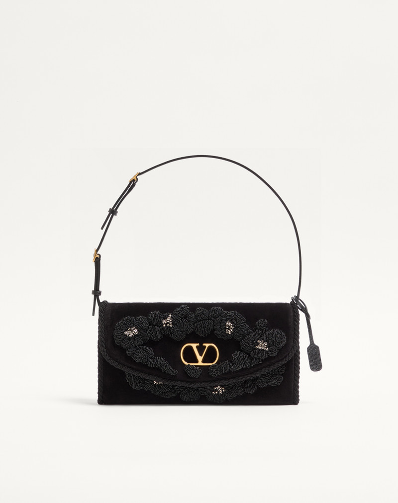 VALENTINO GARAVANI DEVAIN SMALL EMBROIDERED VELVET SHOULDER BAG 1
