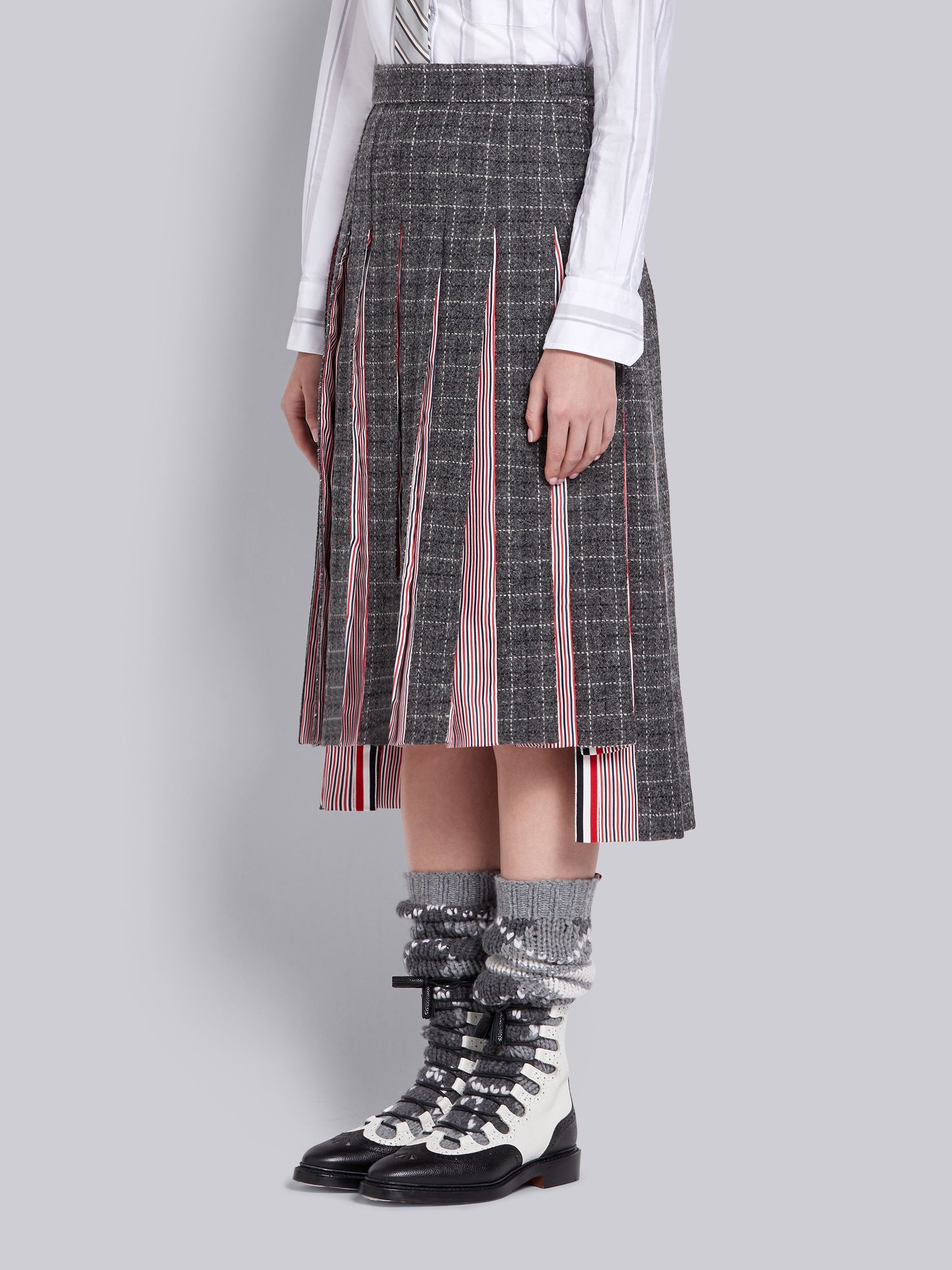 Dark Grey Wool Tattersall Check Below the Knee Pleated Skirt - 2