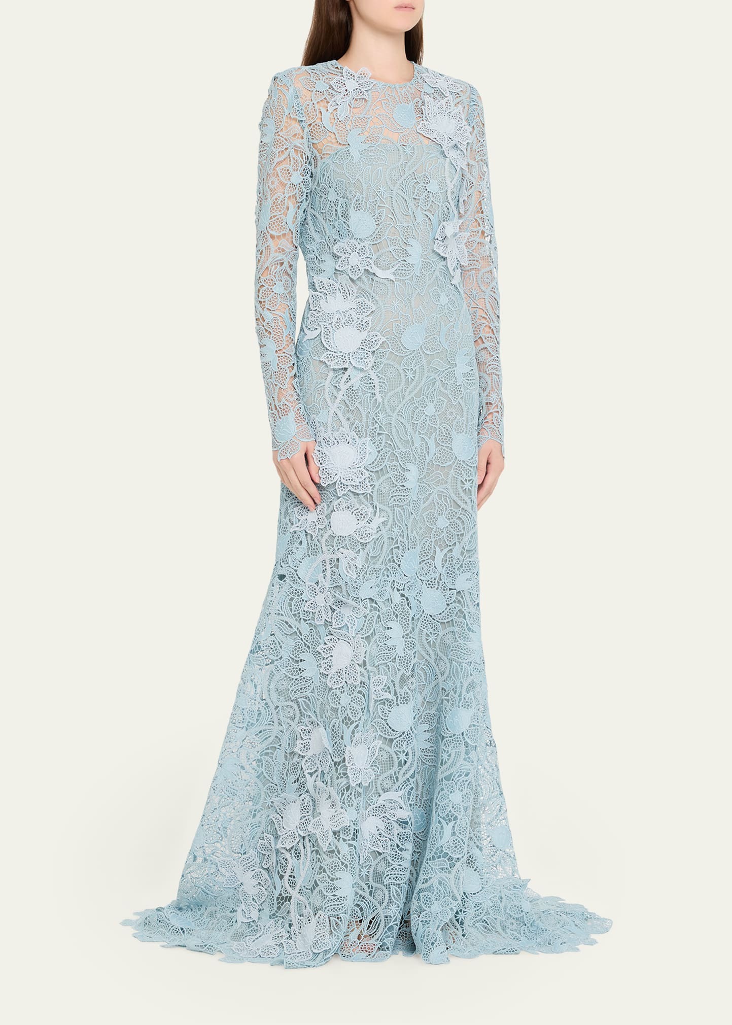 Long-Sleeve Corded Botanical Guipure Gown - 4