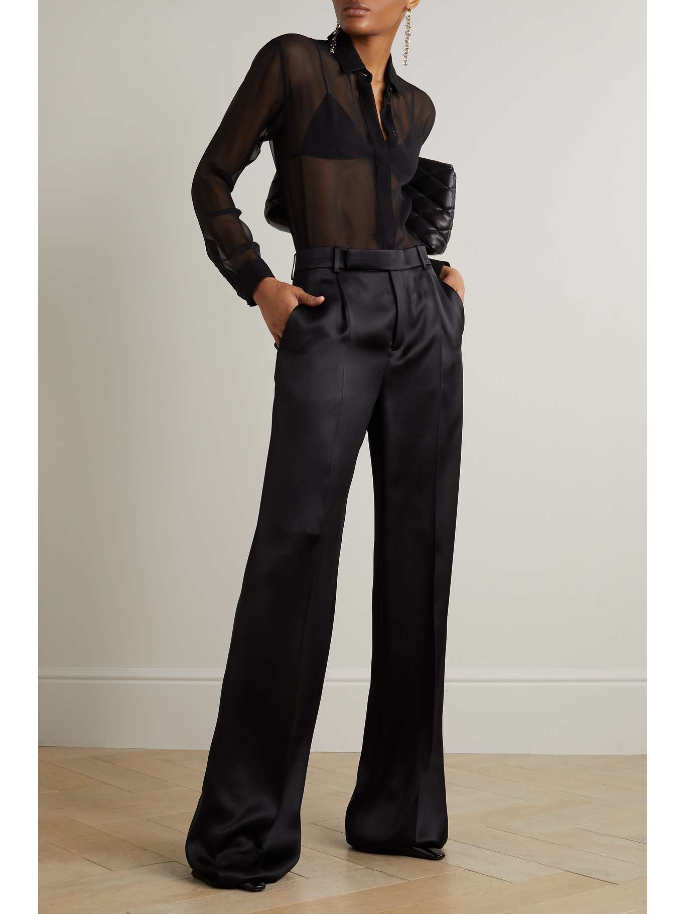 Pleated silk-satin straight-leg pants - 2