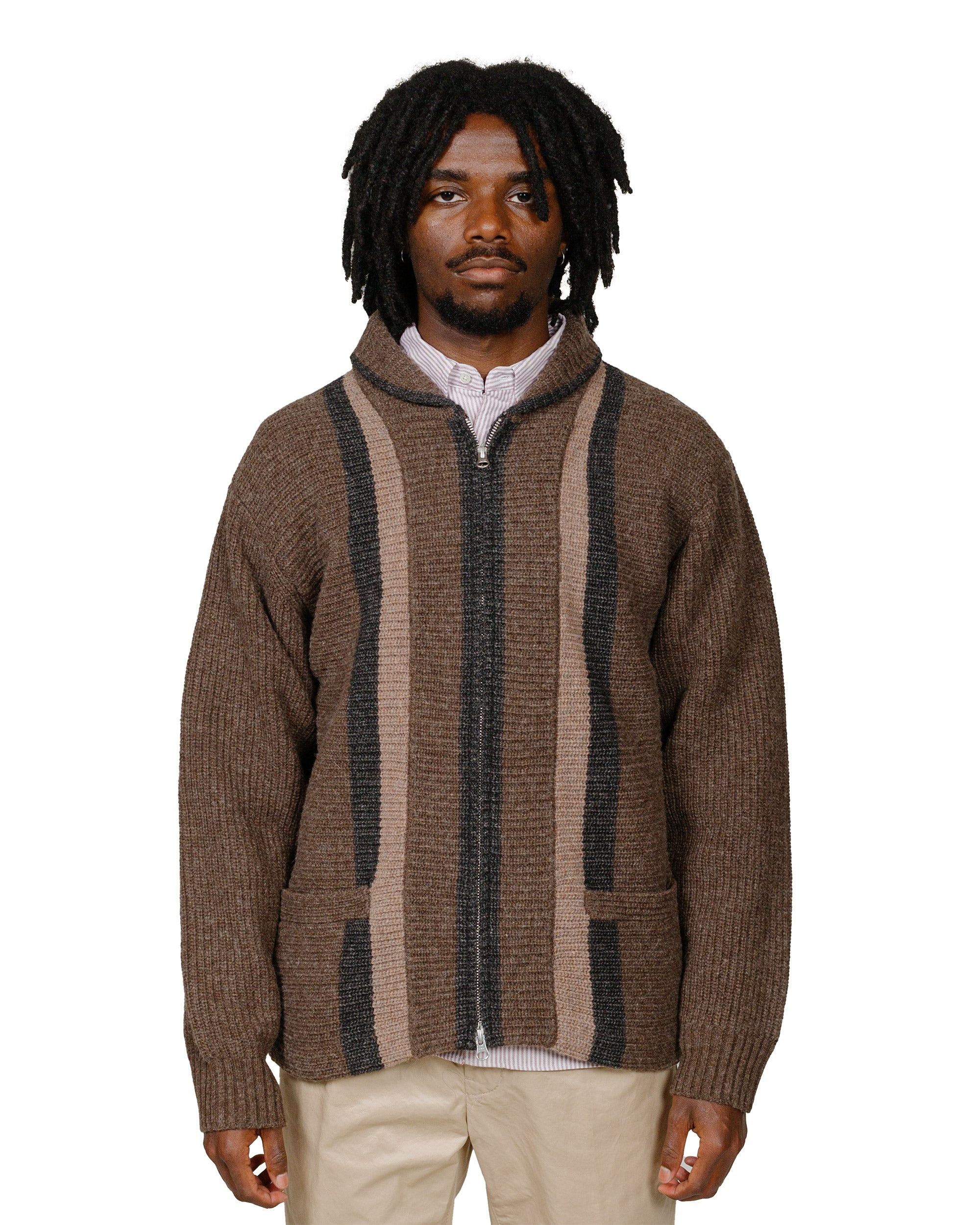 Full Zip Shawl Collar Knit Brown - 2