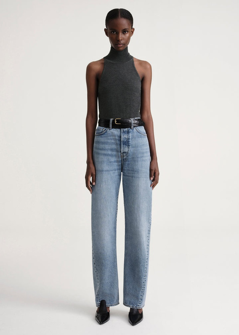 Totême Ribbed neck wool top dark grey mélange outlook