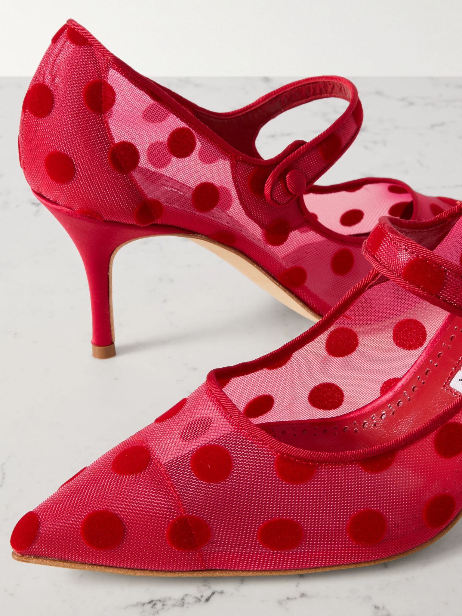 Campari 70 grosgrain-trimmed flocked mesh Mary Jane pumps Red - 4