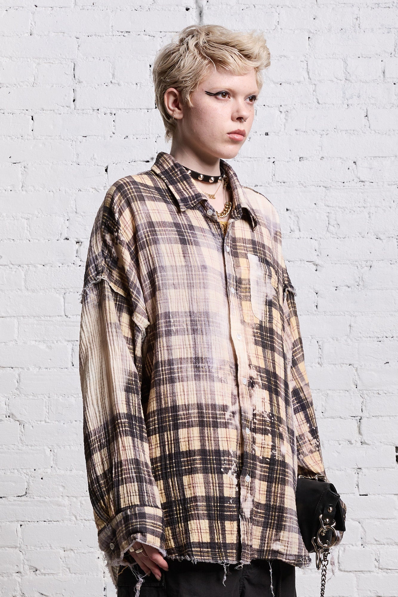 SHREDDED SEAM DROP NECK - BLEACH PRINTED PLAID - 5