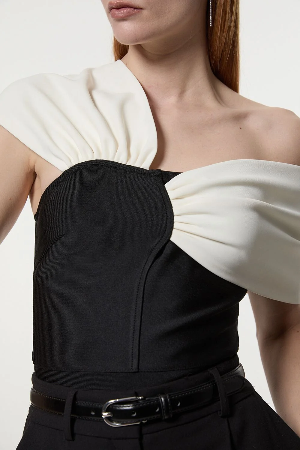 Figure Form Bandage Knit Asymmetric Strap Top - 1