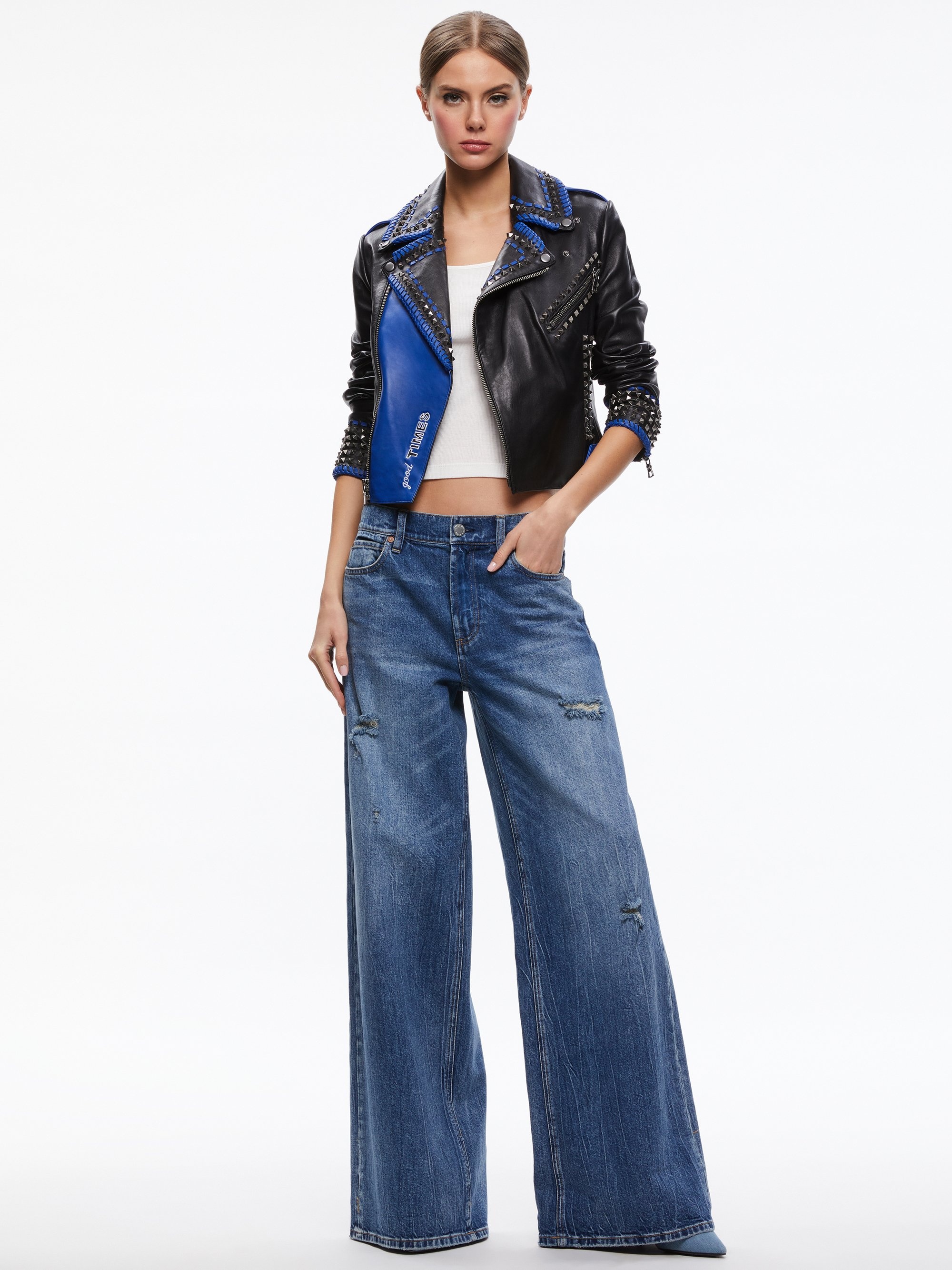 Alice + Olivia Cody Leather Cropped Moto Jacket