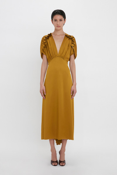 Victoria Beckham V-Neck Ruffle Midi Dress In Harvest Gold outlook