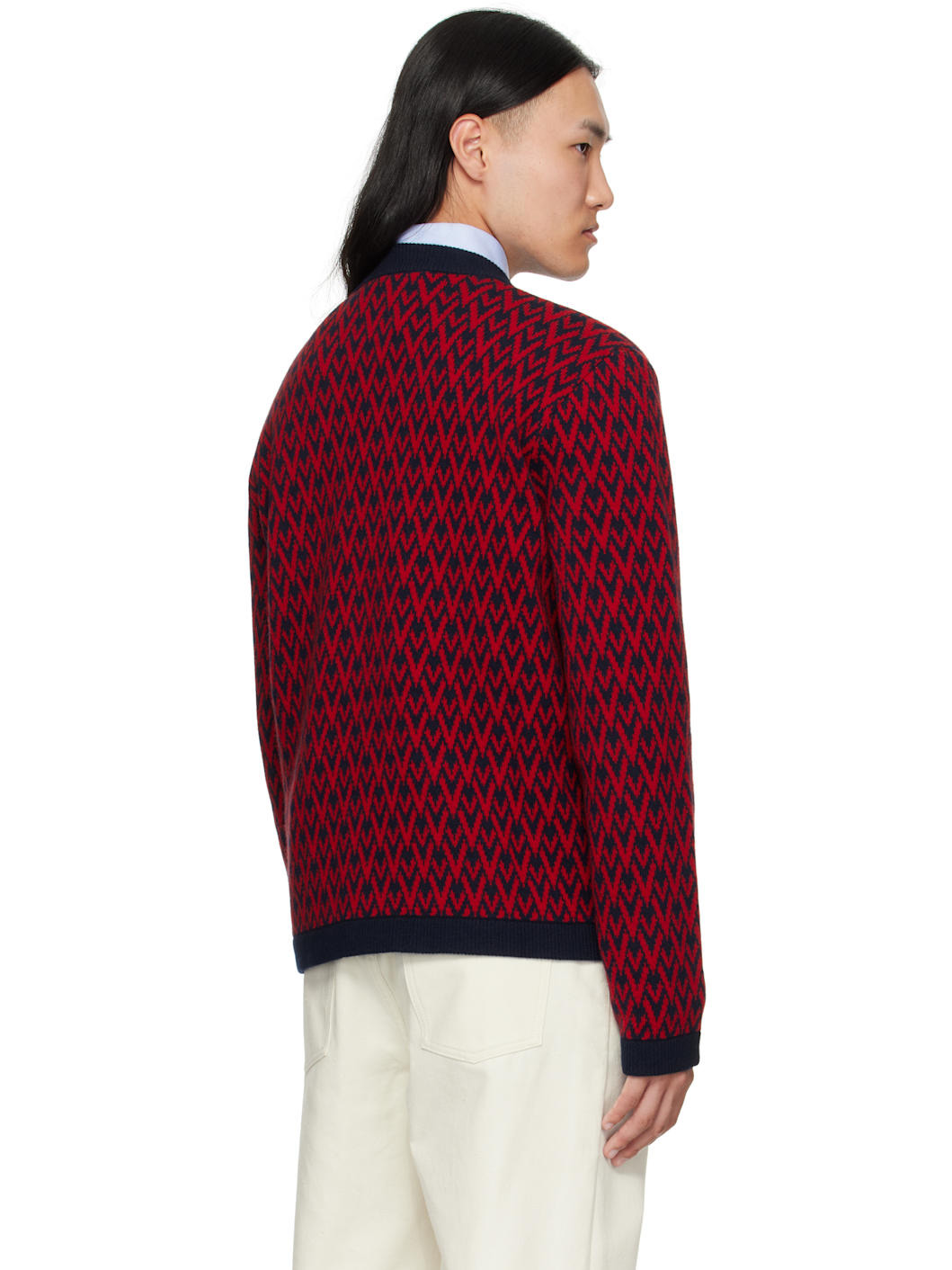 Red & Navy Wool 'Toute La V' Cardigan - 3