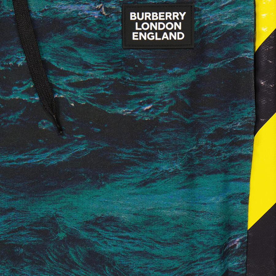 Burberry Men's Deep Teal Tape Detail Sea Print Cotton Trackpants - 6