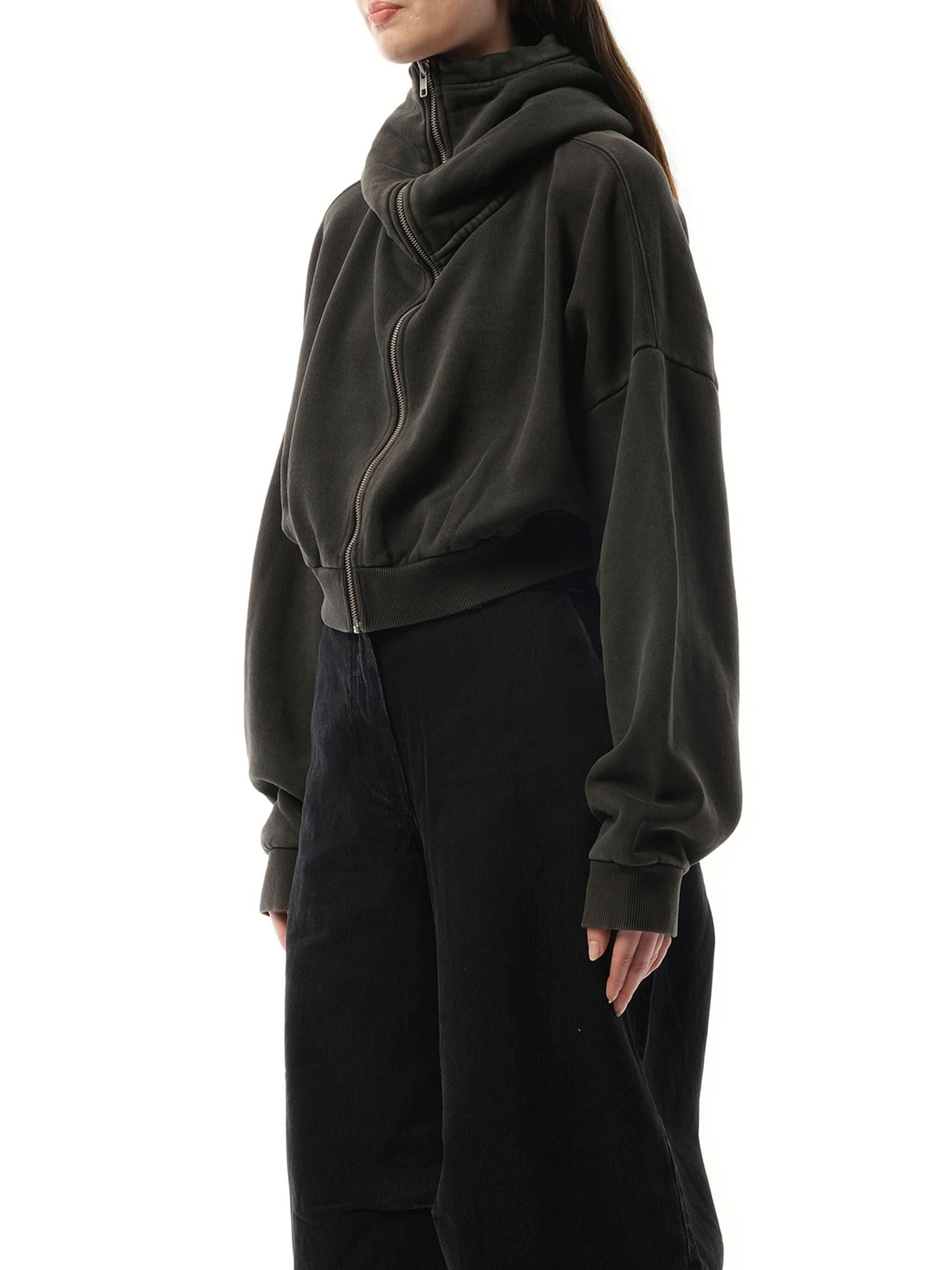 Cropped Full Zip Hoodie in Washed Black - 5