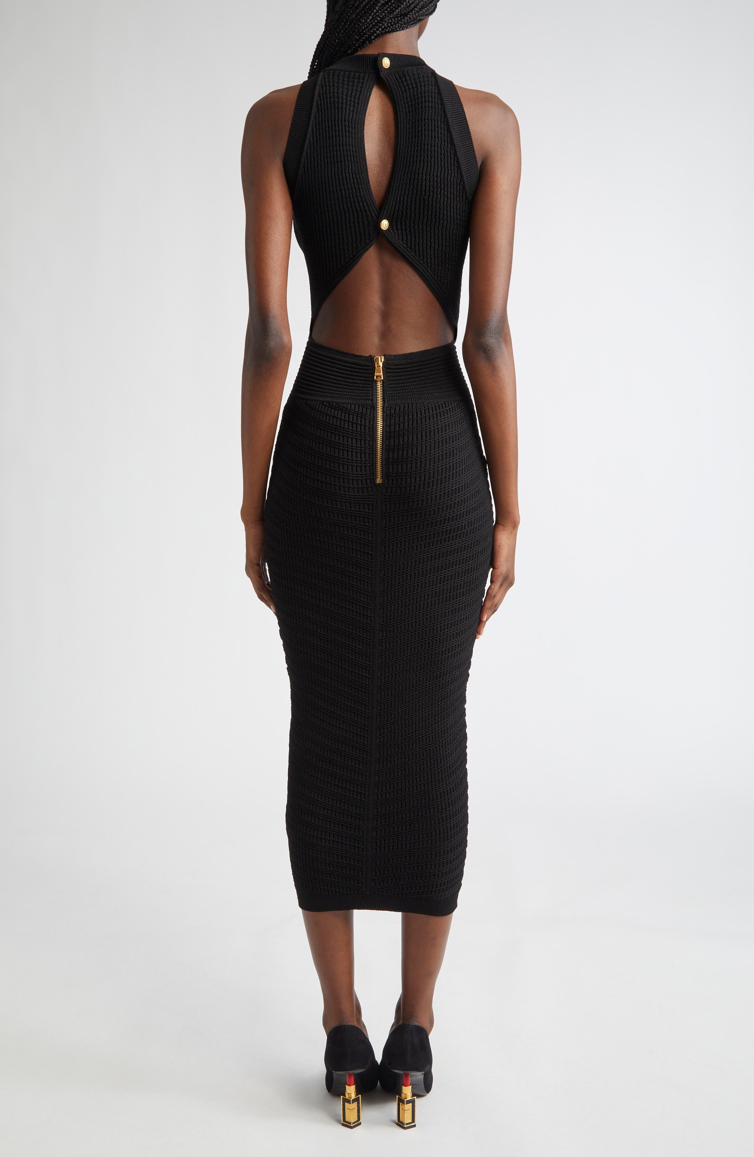Balmain MIxed Stitch Sleeveless Body-Con Midi Dress in Black at Nordstrom - 2