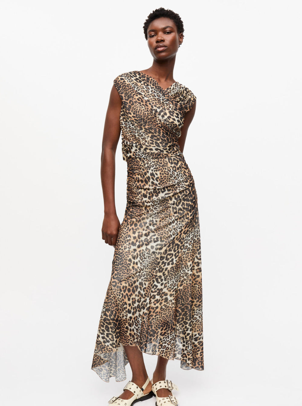 Ganni Women Brown Long Dress With All-Over Leopard Print And Asymmetric Hem In Tech Fabric Woman - 4