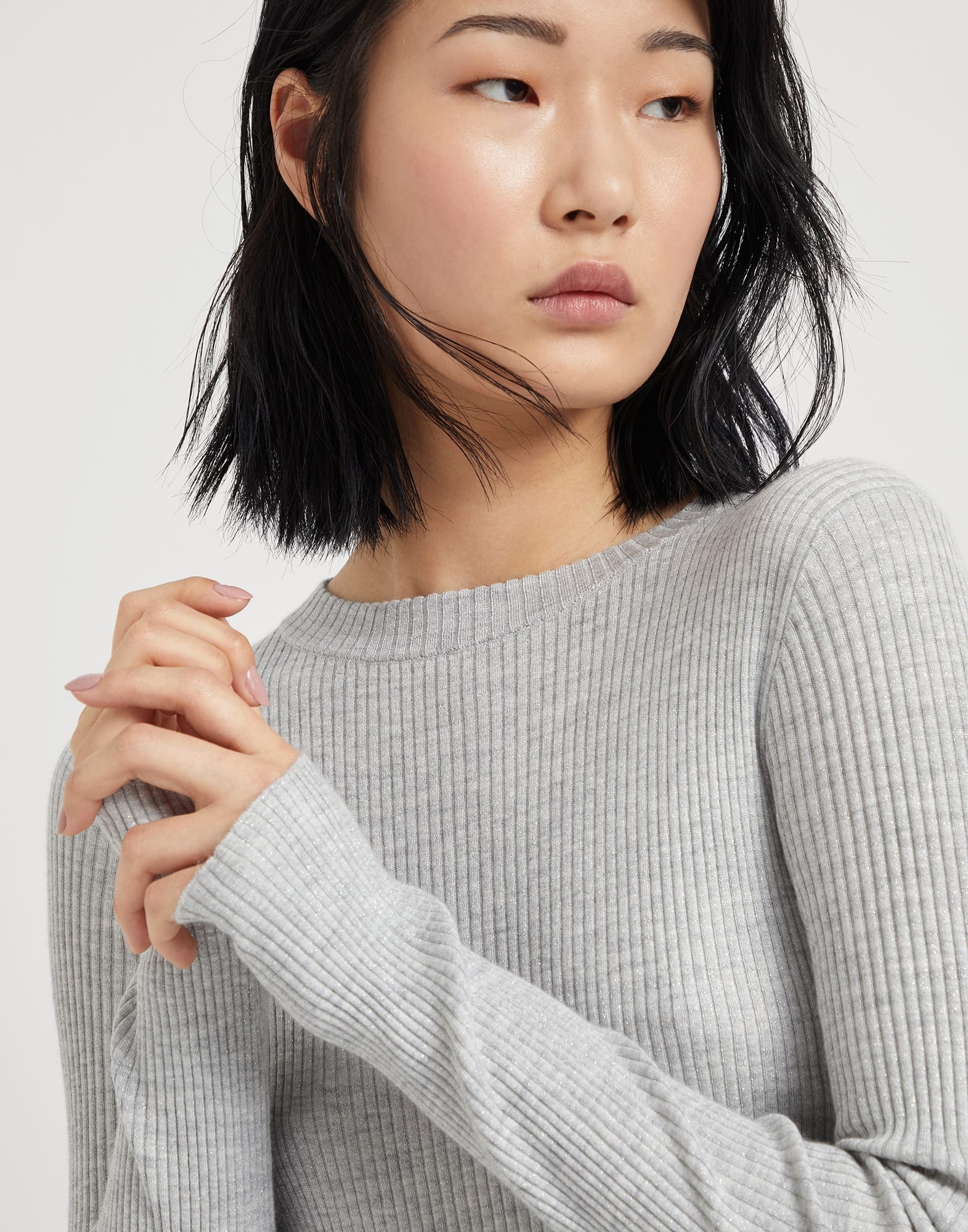Sparkling cashmere and silk rib knit lightweight sweater - 3
